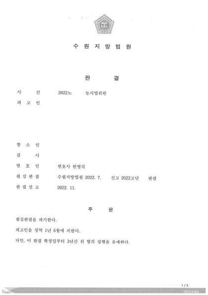 농지법 위반 · 법정구속 · 항소심 판결문 첫 장